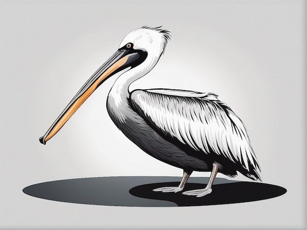 Karikatura o zwierzęciu pelikanie jedzącym rybę na wodzie z białym tłem wygenerowanym przez sztuczną inteligencję