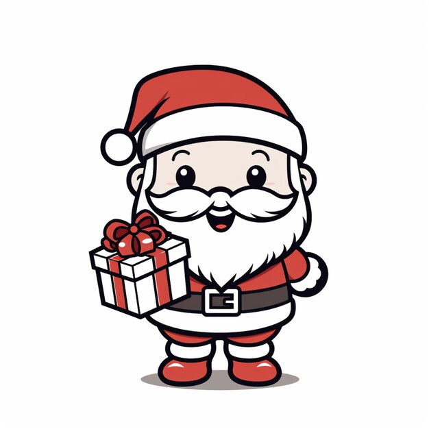 Karikatura Świętego Mikołaja trzymającego pudełko z prezentami z uśmiechem na twarzy