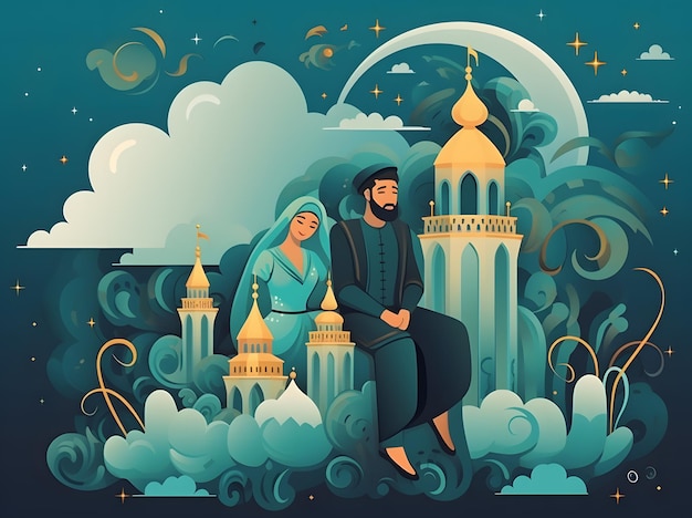 Karikatura uroczej muzułmańskiej pary na tle tradycyjnego Ramadanu