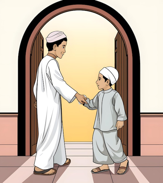 Zdjęcie karikatura uroczych muzułmańskich dzieciaków chłopca i dziewczyny