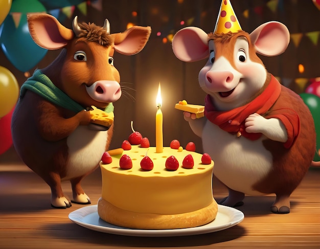Karikatura wołu i myszy trzymających ciasto i ser z urodzinami i świecą z tyłu.