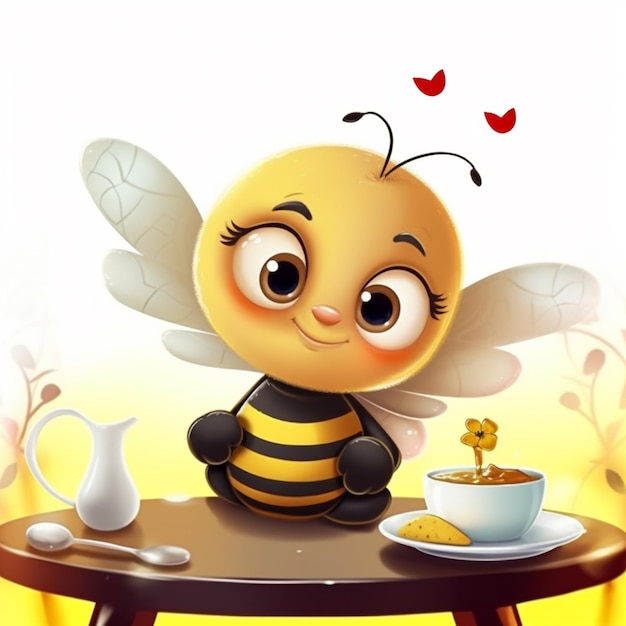 Zdjęcie karikaturowa pszczoła siedząca przy stole z miską płatków zbożowych i filiżanką kawy generatywny ai
