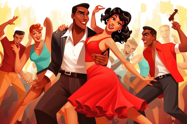 Karikaturowa szczęśliwa kobieta i tancerz cieszą się salsa bachata tango i rumba Generative Ai