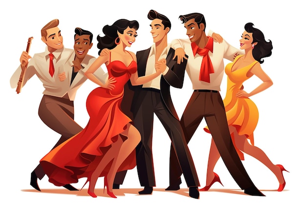 Karikaturowa szczęśliwa kobieta i tancerz cieszą się salsa bachata tango i rumba Generative Ai