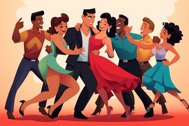 Karikaturowa szczęśliwa kobieta i tancerz cieszą się salsa bachata tango i rumba Generative Ai