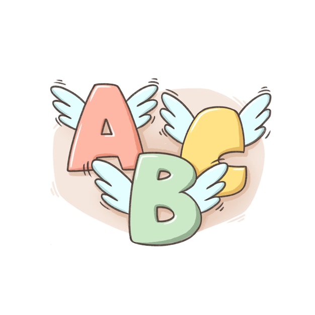 Karikaturowe latające litery alfabetu z skrzydłami
