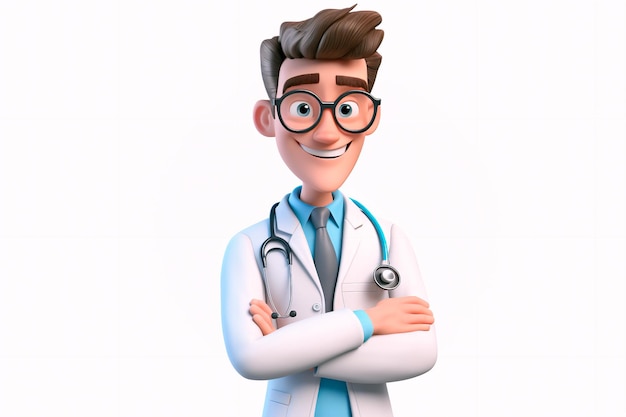 Karikaturowy lekarz uśmiechający się na białym tle generowany przez sztuczną inteligencję