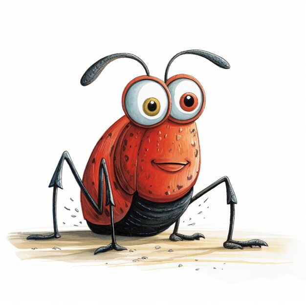 Zdjęcie karikaturowy robak z dużymi oczami i nogami siedzący na ziemi.