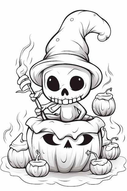 Zdjęcie karikaturowy szkielet w czapce czarownicy siedzący na dyni generatywnej ai