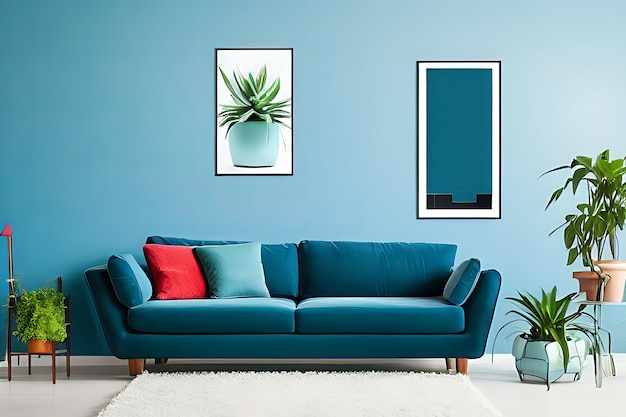 Karmazynowa kanapa i stolik kawowy Rośliny doniczkowe Niebieski motyw ścienny Minimalistyczny pokój