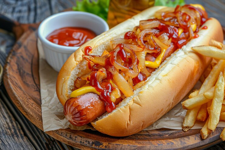 Zdjęcie karmelizowana cebula z hotdogami