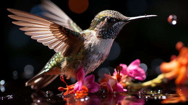 Karmienie kolibra z kwiatu fuksji. Zdjęcie
