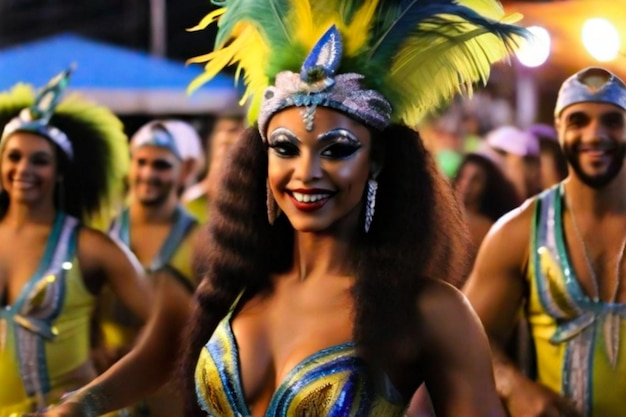 Zdjęcie karnawał brazylijski i zespół z tancerkami na świeżym powietrzu razem na świętowanie nowego roku w rio de janeiro