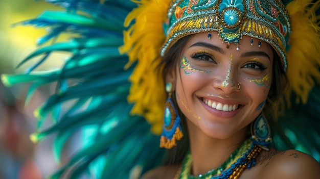 Zdjęcie karnawał mardi gras szczęśliwa tancerka z brazylii w kostiumie z piór