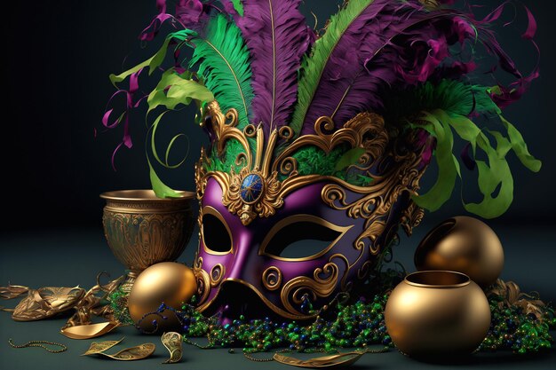 Karnawałowa maska z kolorowymi koralikami Mardi gras martwa natura