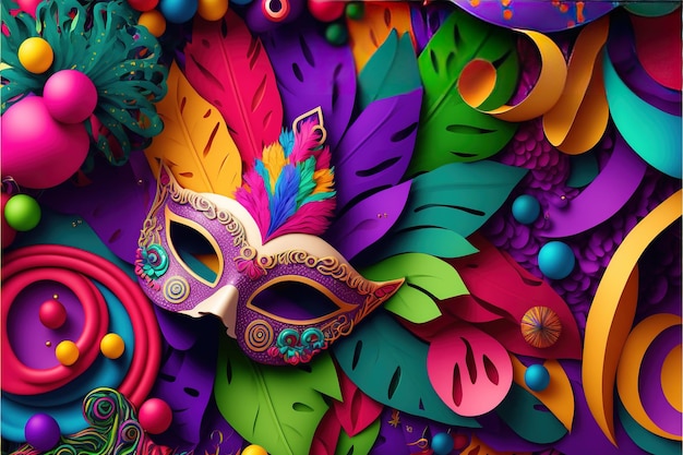 Zdjęcie karnawałowe maski na fioletowym tle wielobarwna ilustracja mardi gras ilustracja 3d generatywne ai