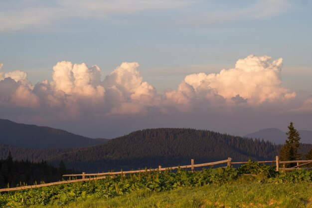 Karpaty i puszyste wieczorne chmury nad ogrodzeniem zdjęcie krajobrazu