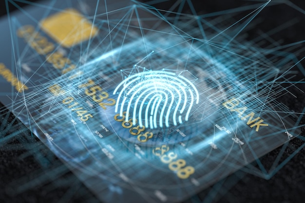 Karta bankowa z koncepcją technologii odcisków palców świecące linie renderowania 3d