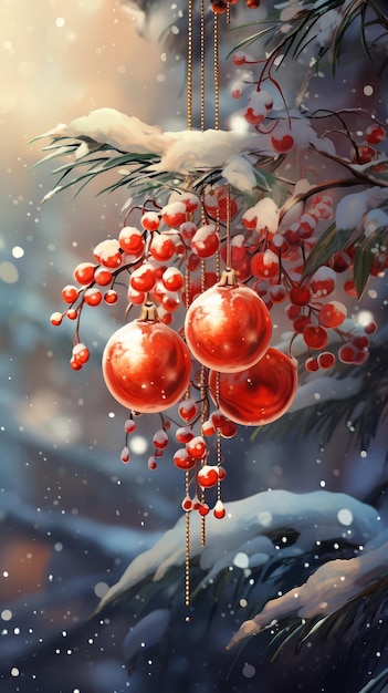 Karta bożonarodzeniowa z czerwonymi jagodami i dekoracjami na pokrytej śniegiem gałęzi Zimowa atmosfera Generativ AI