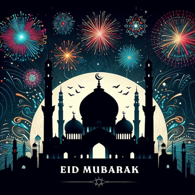 Karta Eid Mubarak z siluetą meczetu i fajerwerkiem na tle