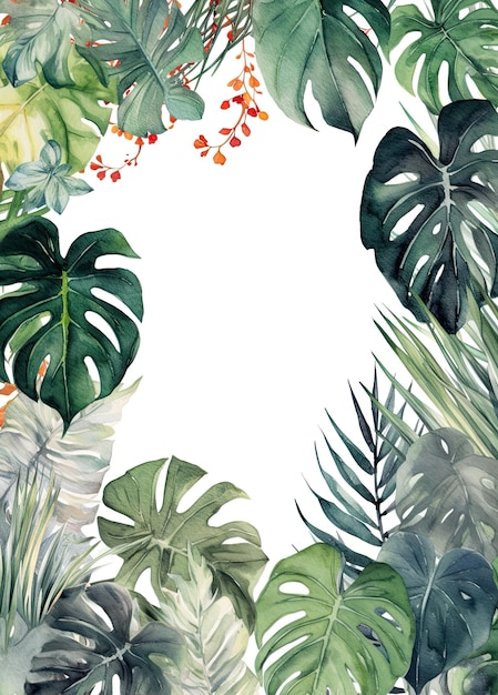 Karta granica Rośliny tropikalne i liście Akwarel malarstwo