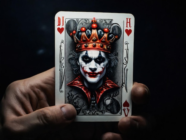 Karta Jokera na czarnym tle, zdjęcie z bliska Ręka mężczyzny trzyma kartę do gry Joker z Crow
