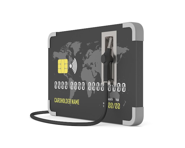 Karta kredytowa i paliwo do dyszy na białym tle Izolowana ilustracja 3D