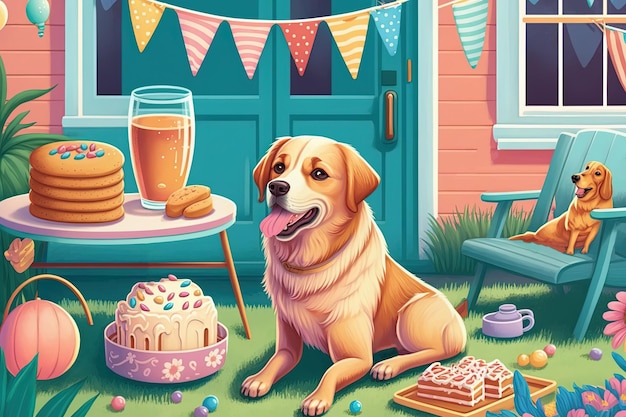 Karta na przyjęcie urodzinowe dla psa lub piknik dla szczeniaka w ogrodzie z szczęśliwym psem