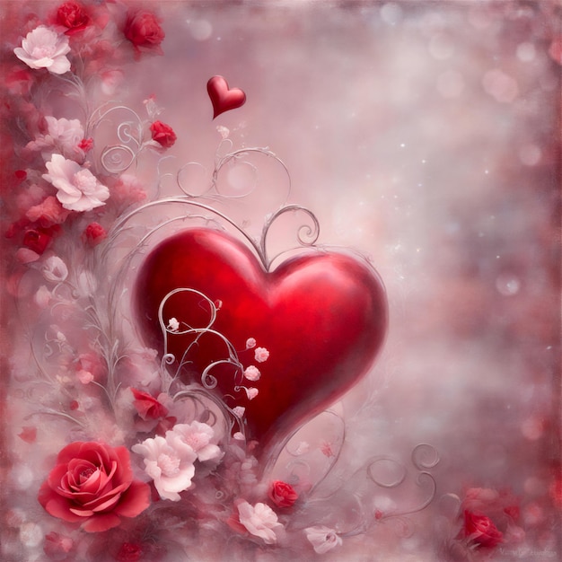 Zdjęcie karta na walentynki czerwone serce białe i czerwone róże kwiaty piękna ramka koncepcja dnia walentynek