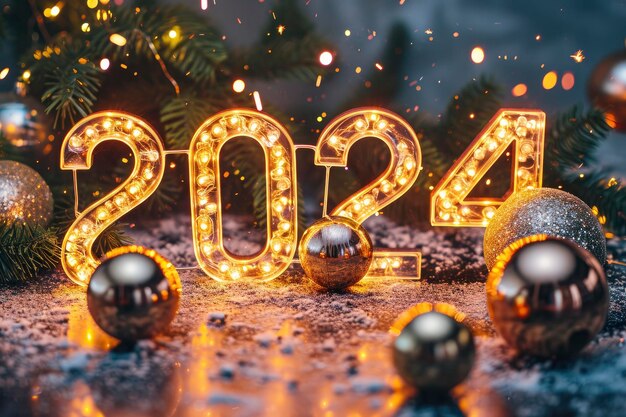 Zdjęcie karta noworoczna z neonem 2024 ze złotymi kulami dyskotekowymi i latającymi konfetti