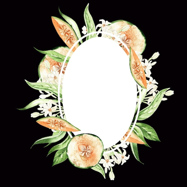 Karta owoców i liści melona na czarnym tle akwarela ilustracja