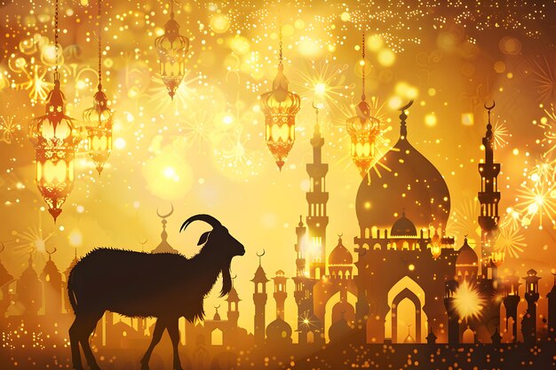 Zdjęcie karta powitalna eid al adha z owcami meczetowymi i latarniami