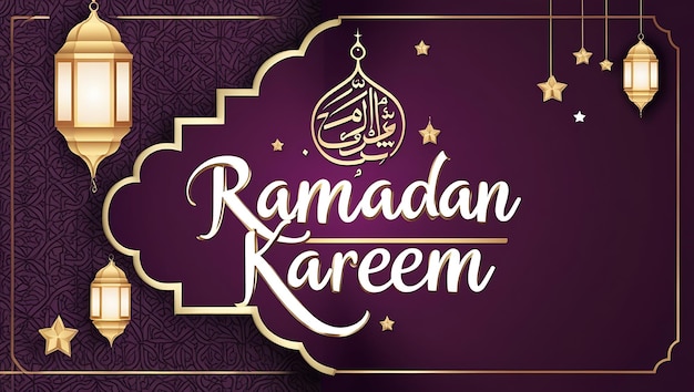 Karta powitalna Ramadan Kareem z złotymi latarniami i islamskimi wzorami