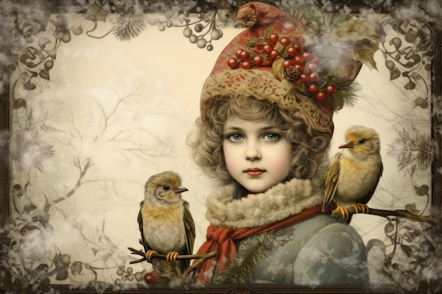 Karta świąteczna w stylu vintage z uroczą dziewczyną w czerwonym kapeluszu i ptakami Nowy Rok na pocztówce