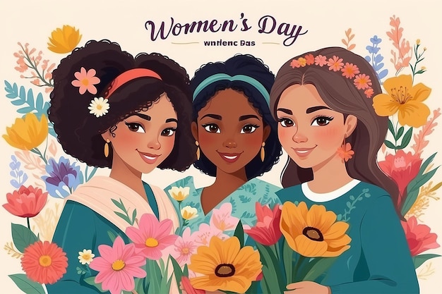 Karta z okazji Dnia Kobiet z dziewczynami różnych narodowości z kwiatami
