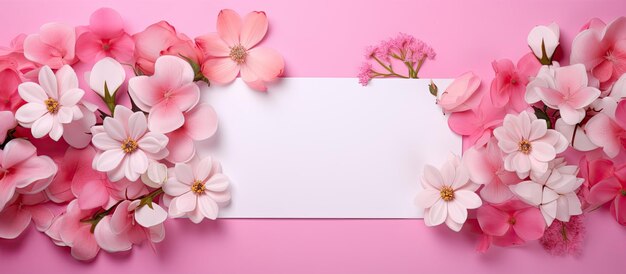 Karta z pozdrowieniami ma płaski układ z różowym tłem i różowymi kwiatami tworzącymi wzór