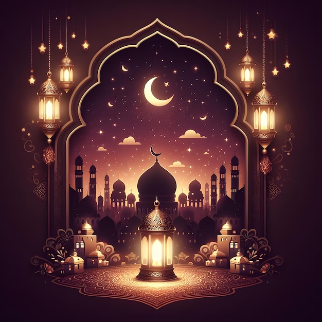 Karta z pozdrowieniami Ramadan Kareem z latarniami meczetu i księżycem