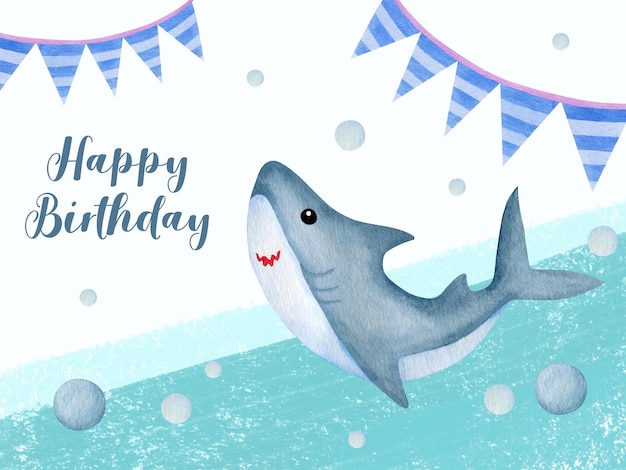 Karta z zaproszeniem na urodziny rekina z akwarelą