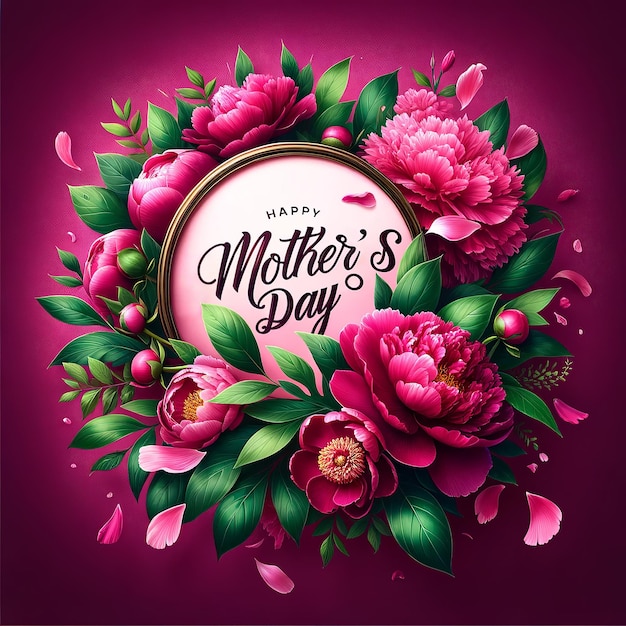Zdjęcie karta z życzeniami na dzień matki z bujną różową pionią i okrągłą ramką na czerwonym tle