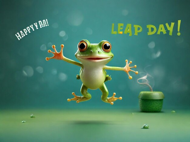 Karta z życzeniami na dzień skokowy z uroczą, skaczącą zieloną żabą i tekstem "Happy Leap Day"