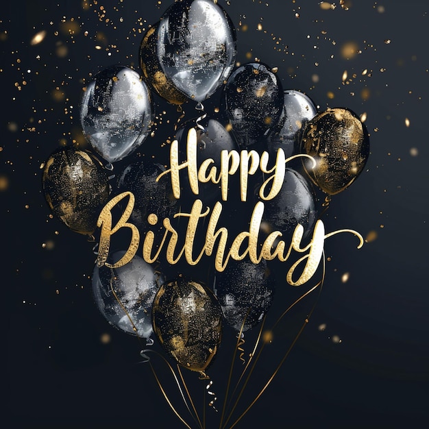 Karta z życzeniami urodzinowymi z słowami "szczęśliwy urodzin" na czarnym tle