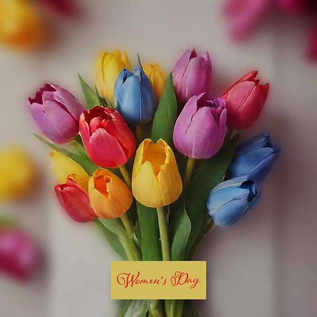 Zdjęcie karta zdjęciowa z bukietem kolorowych tulipanów i wolnym miejscem dnia kobiet