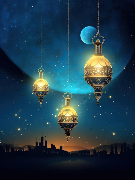 Karta życzeń Eidul Adha z dużym niebieskim półksiężycem