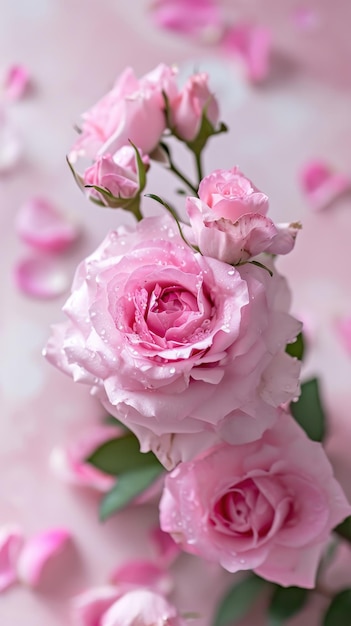Zdjęcie kartka na dzień matki w różowych kolorach bukiet kwiatów na niewyraźnym tle z przestrzenią na tekst