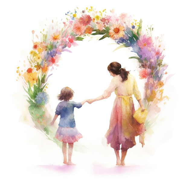 Kartka na Dzień Matki z uroczymi, modnymi akwarelowymi ilustracjami przedstawiającymi szablon lub baner mamy i córki