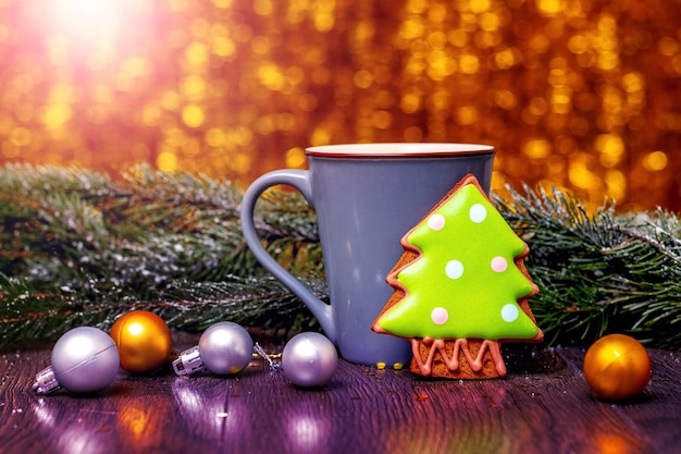 Kartka świąteczna i noworoczna z ciasteczkami obok filiżanki gorącej herbaty i gałęzi drzewa jodły z ozdób choinkowych i błyszczącym bokeh tłem