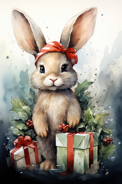 Kartka świąteczna słodki królik z pudełkami na prezenty