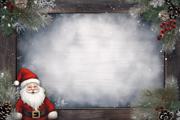 Zdjęcie kartka świąteczna z mikołajem i ramką na drewnianym tle.