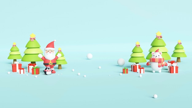 Kartka świąteczna z Santa, niedźwiedziem i pudełkami na prezenty