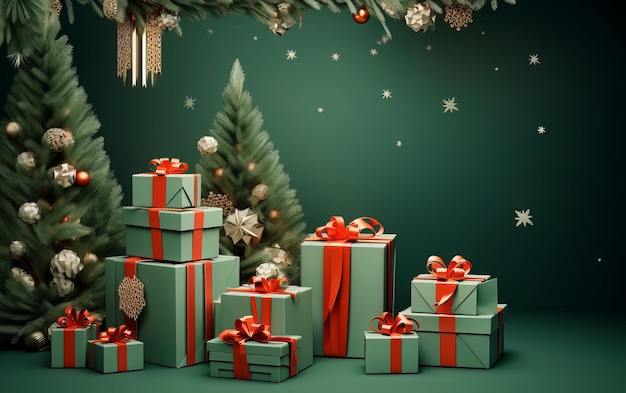 kartka świąteczna z zielonym tłem z zielonym tłem z choinką i prezentami.